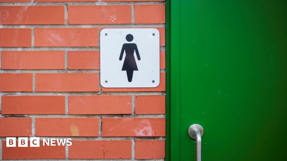 An icon of a woman is displayed on a red brick building beside a green door with a metal handle.