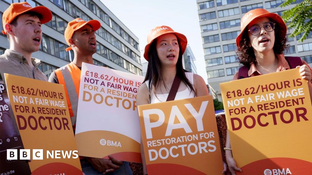 Striking resident doctors with the BMA British Medical Association union, stage their first day of industrial action outside St Thomas' Hospital on 25th July 2025, in London.
