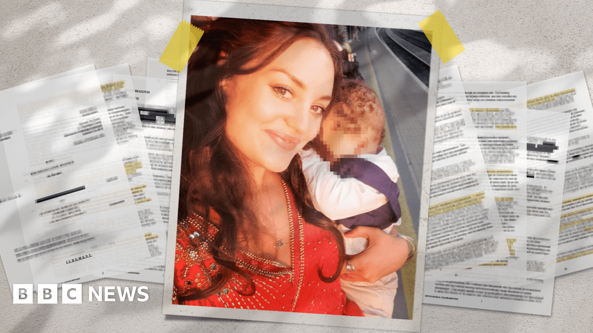 Graphic showing Constance Marten holding a child, against a background of redacted court papers
