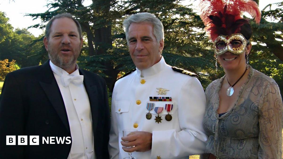 Harvey Weinstein, Jeffrey Epstein and Ghislaine Maxwell are pictured standing on the lawn at Royal Lodge on the royal estate in Windsor with trees in the background. All wear fancy dress with Weinstein and Epstein wearing suits and Maxwell is seen wear...
