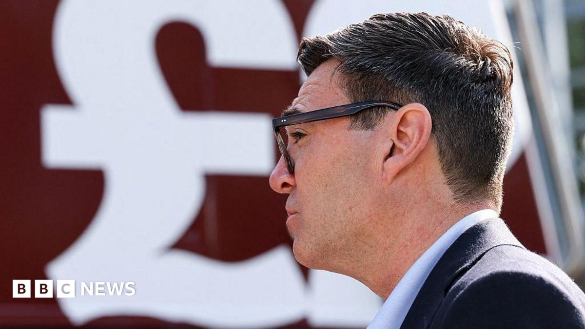 Side profile of Andy Burnham with a large £ sign behind him.