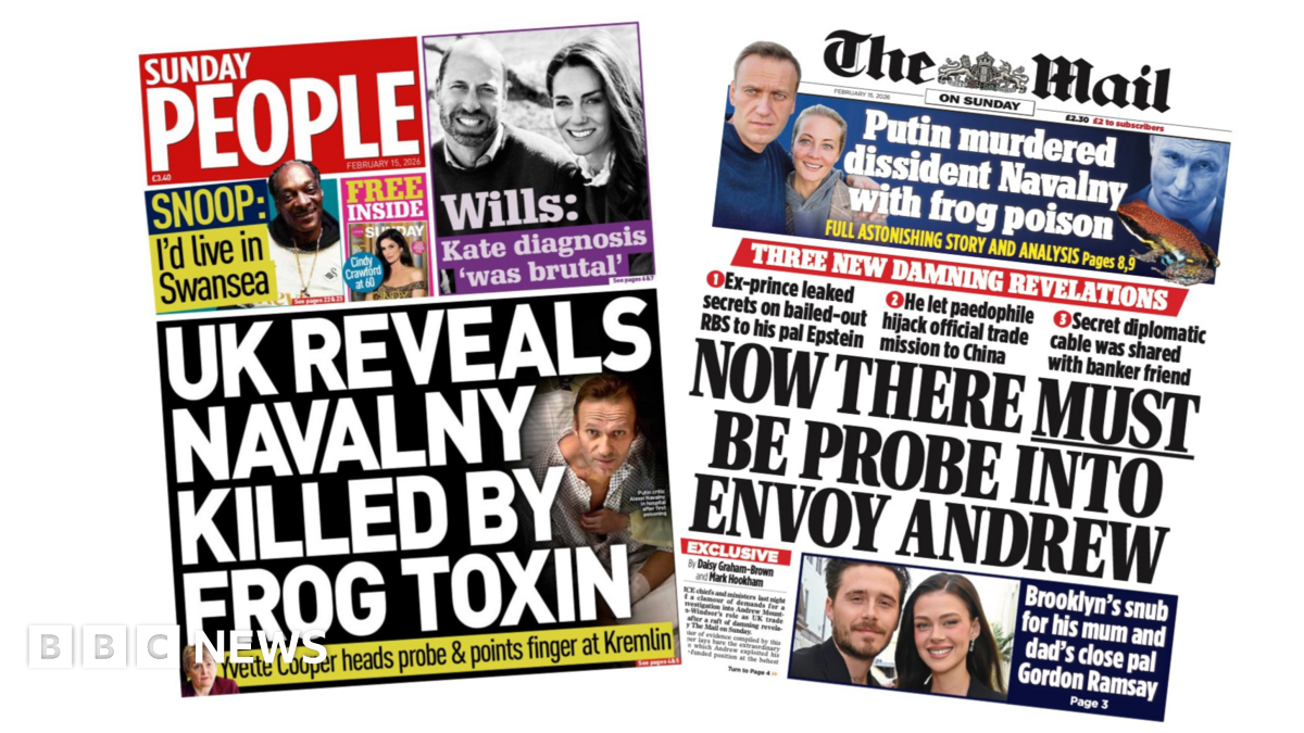 
                            Newspaper headlines: 'Navalny killed by frog toxin' and 'Probe into envoy Andrew'