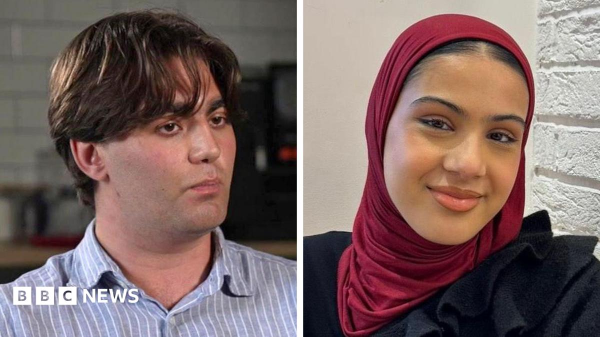 A composite image of Luke with short dark hair and an open neck grey striped shirt and Zaynah wearing a burgundy headscarf and black top