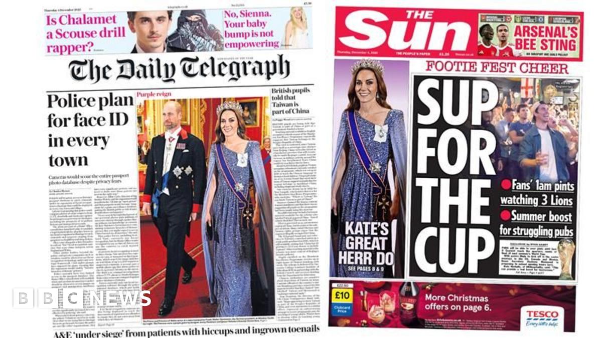 
                            Newspaper headlines: 'Face ID in every town' and 'Kate's great herr do'