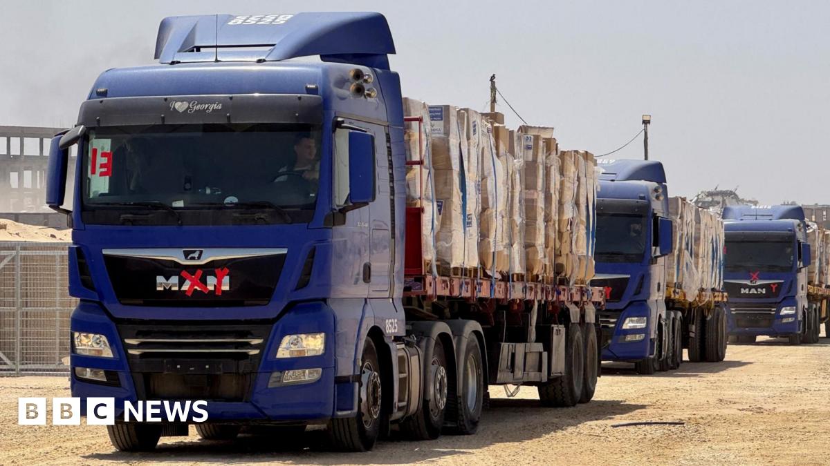 Handout photo from the Gaza Humanitarian Foundation showing lorries carrying humanitarian aid in Gaza (26 May 2025)
