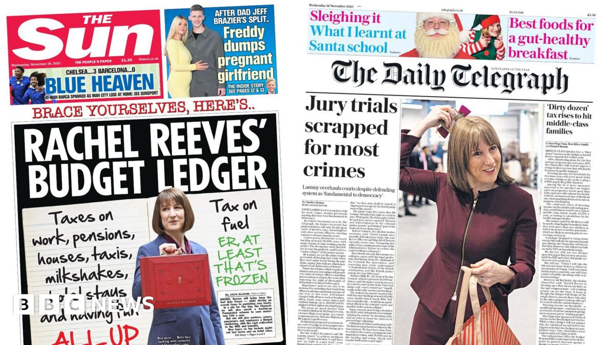 
                            Newspaper headlines: 'Rachel Reeves' Budget Ledger' and 'Jury trials scrapped'