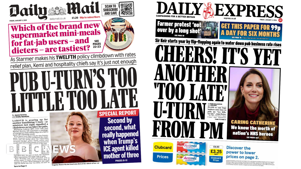 
                            Newspaper headlines: 'Pub tax U-turn' and 'caring Catherine'