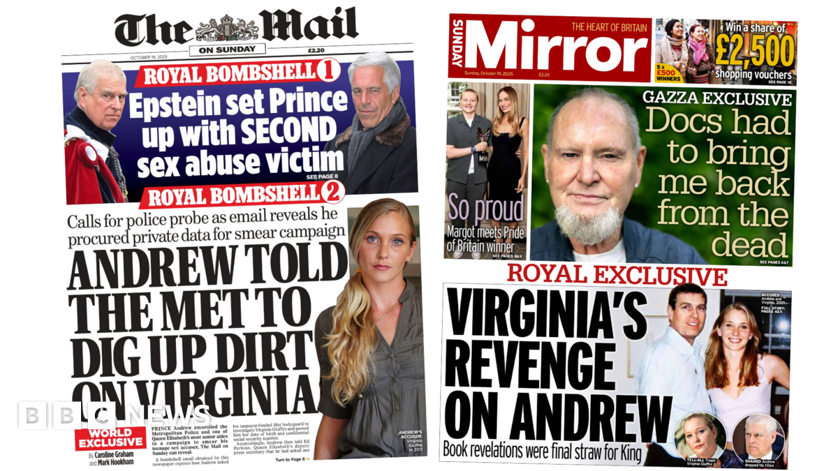 Newspaper headlines: 'Andrew told Met to dig up dirt on Virginia' and 'Virginia's revenge"