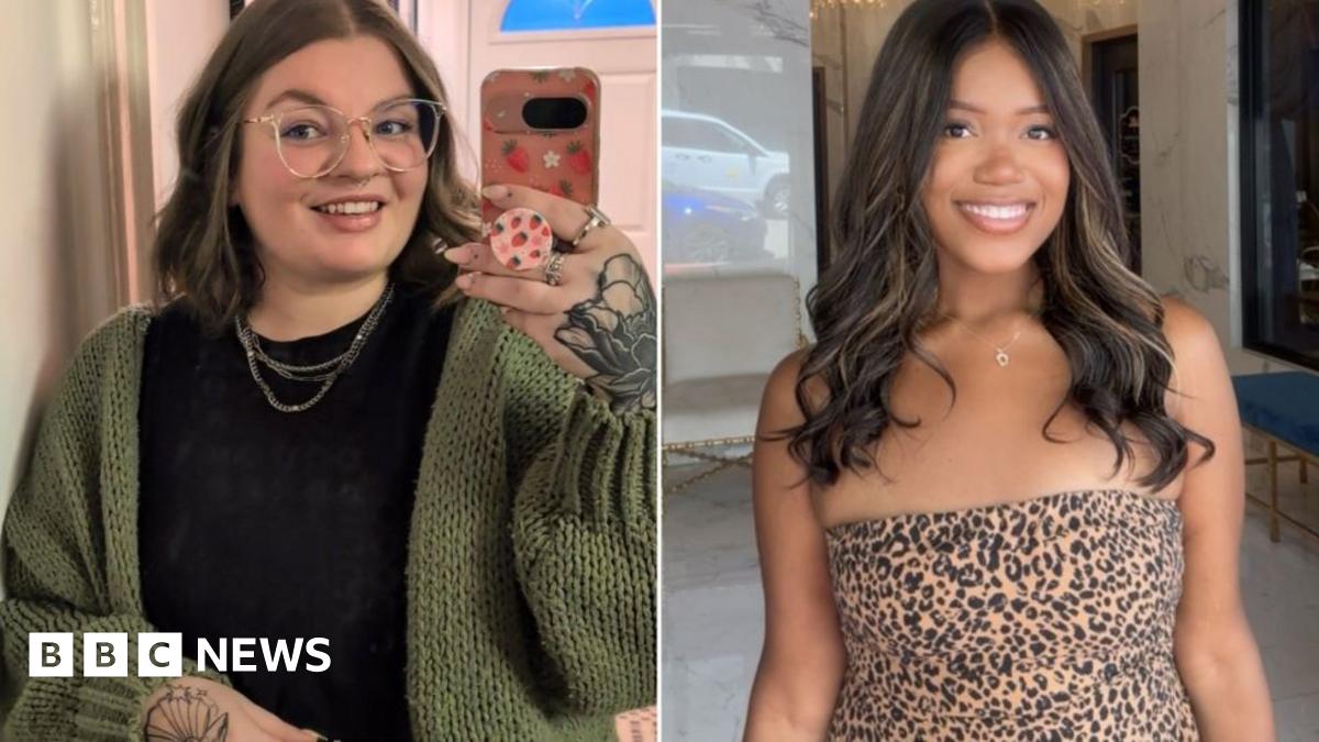 Composite image of two photos of different woman: A woman in a black outfit, green cardigan and glasses smiles as she takes a selfie on her phone in a mirror in a house; A woman in a leopard-print dress and long brown hair smiles at the camera