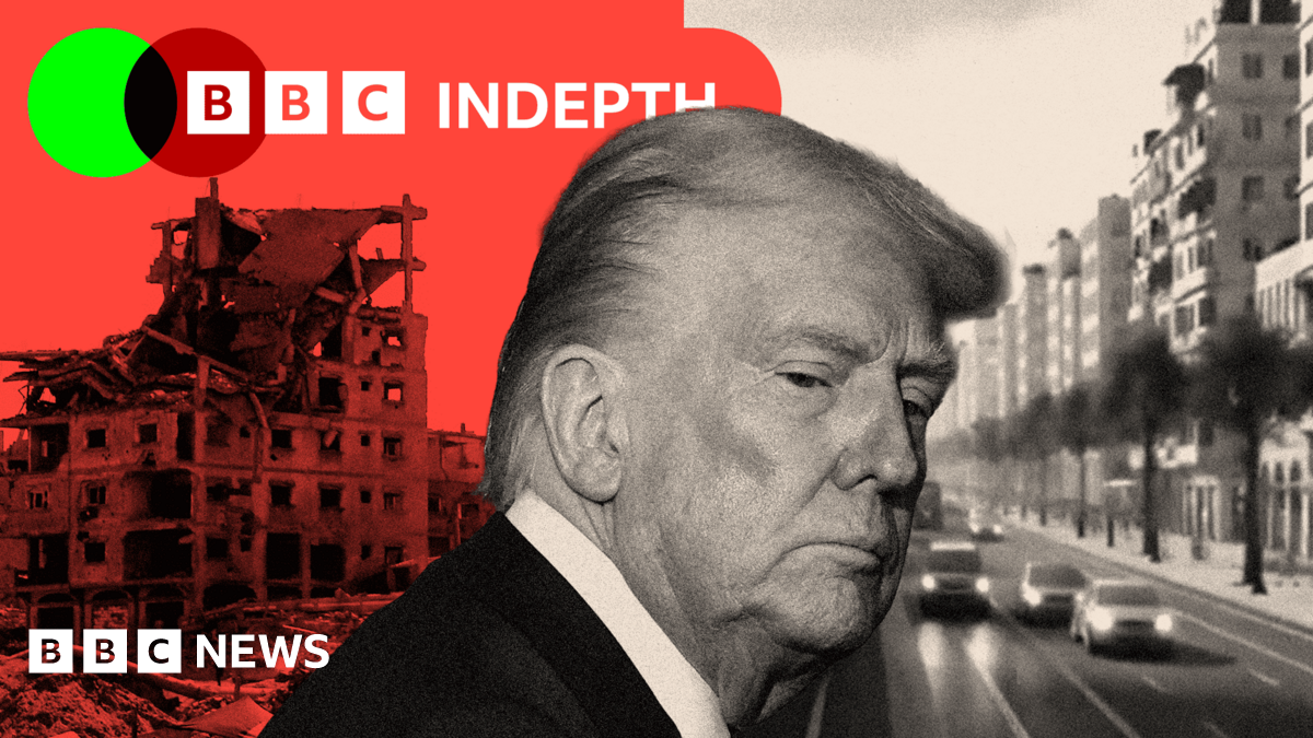 (Left) Ruins of buildings in Gaza; (centre) Donald Trump; (right) Phoenix plan to rebuild Gaza