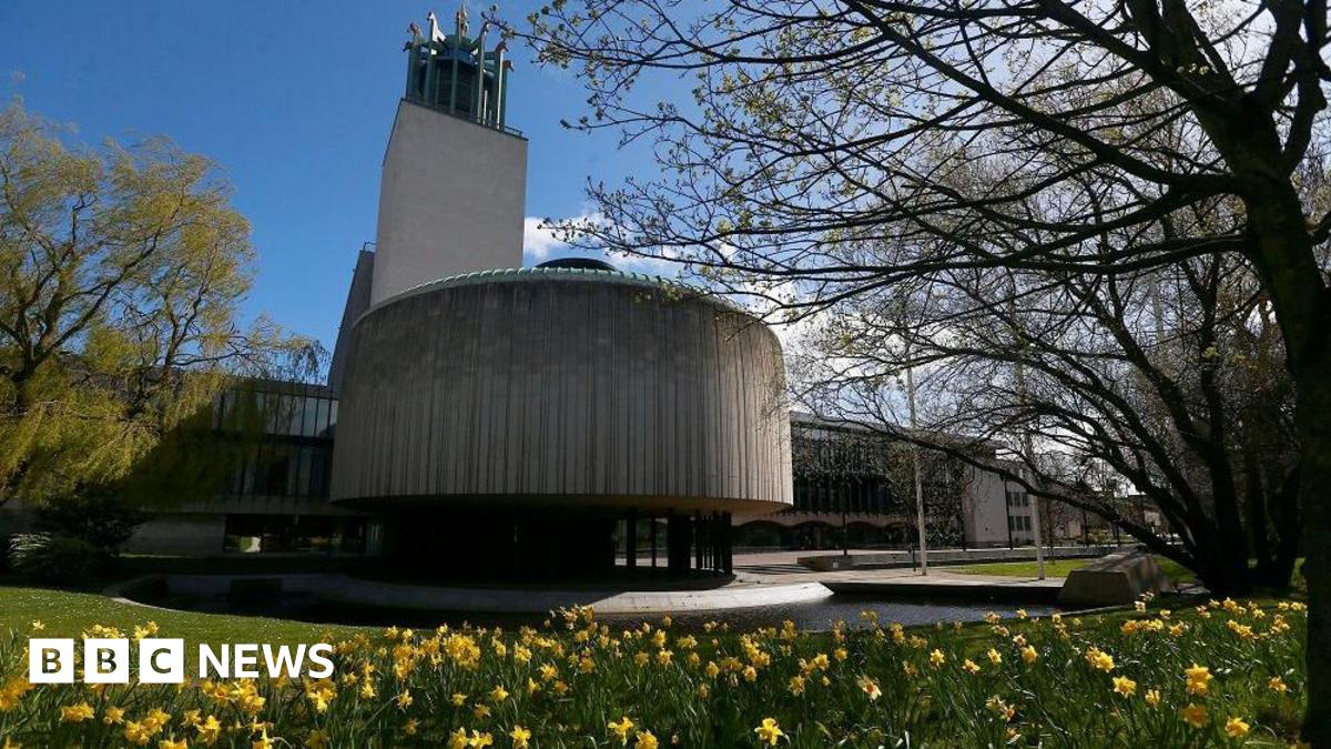 A sunny view of the Newcastle Civic Centre with a row of daffodils filling the foreground. There is a round concrete building placed in front of a longer glass building. Trees can be seen on either side. Behind the round building is a square concrete t...