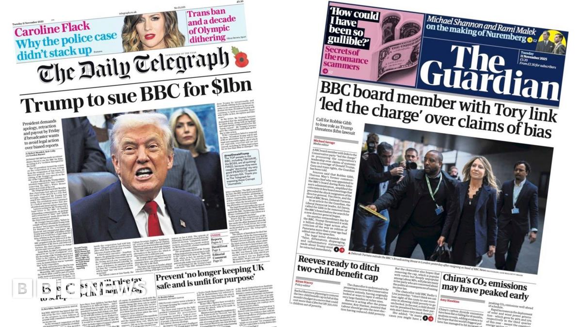 
                            Newspaper headlines: 'Trump to sue BBC for $1bn' and 'Reeves to ditch two-child benefit cap'