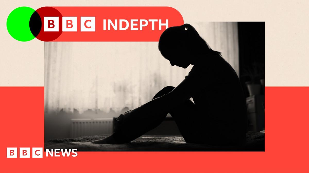 Montage image showing a stock photograph of the profile of a girl pictured in silhouette sitting on a bed with her head bowed. Behind her light is shining through a window with net curtains.