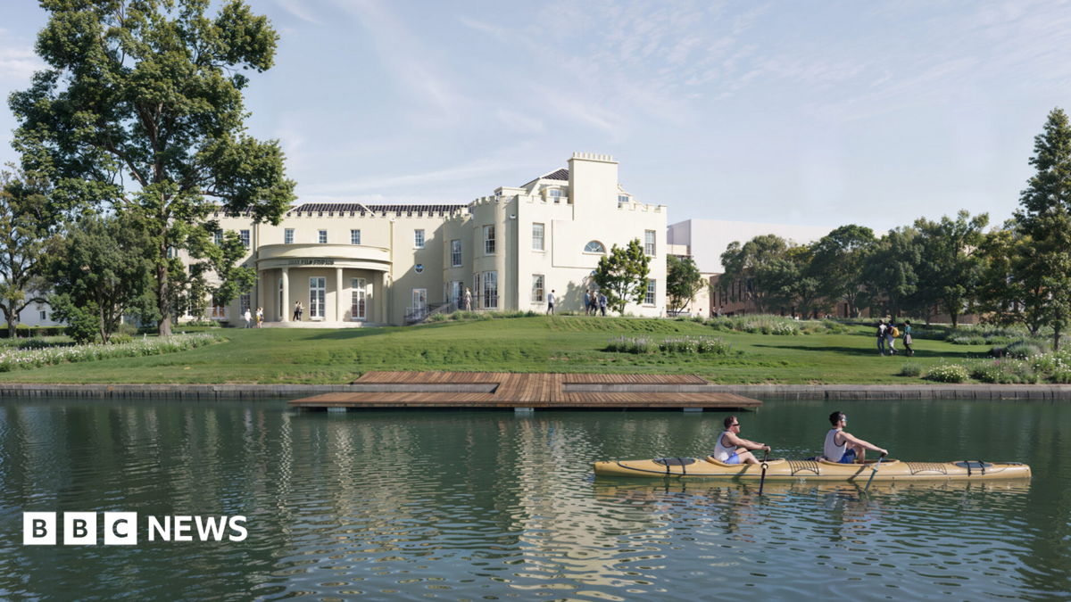 A CGI-generated image of two rowers rowing past Bray Studios