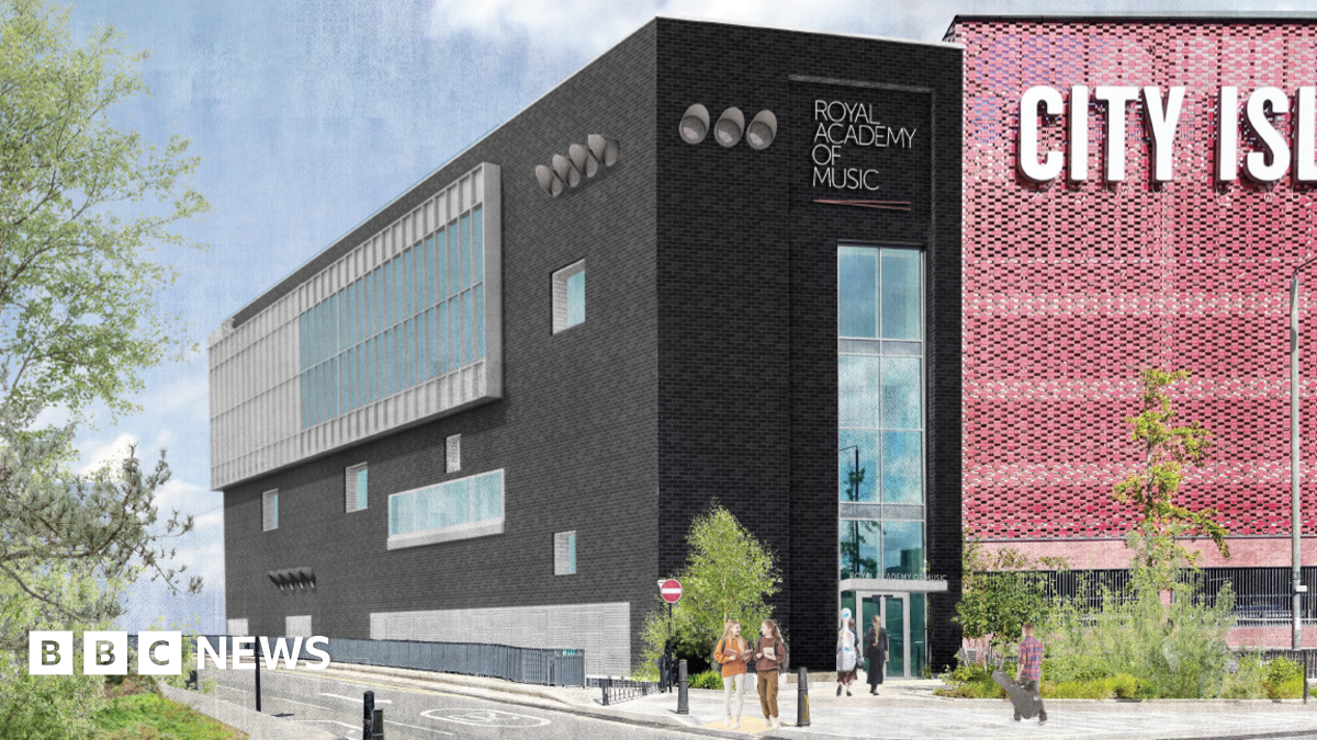 CGI of black Royal Academy of Music building with white City Island sign on a red building. People and trees can be seen outside