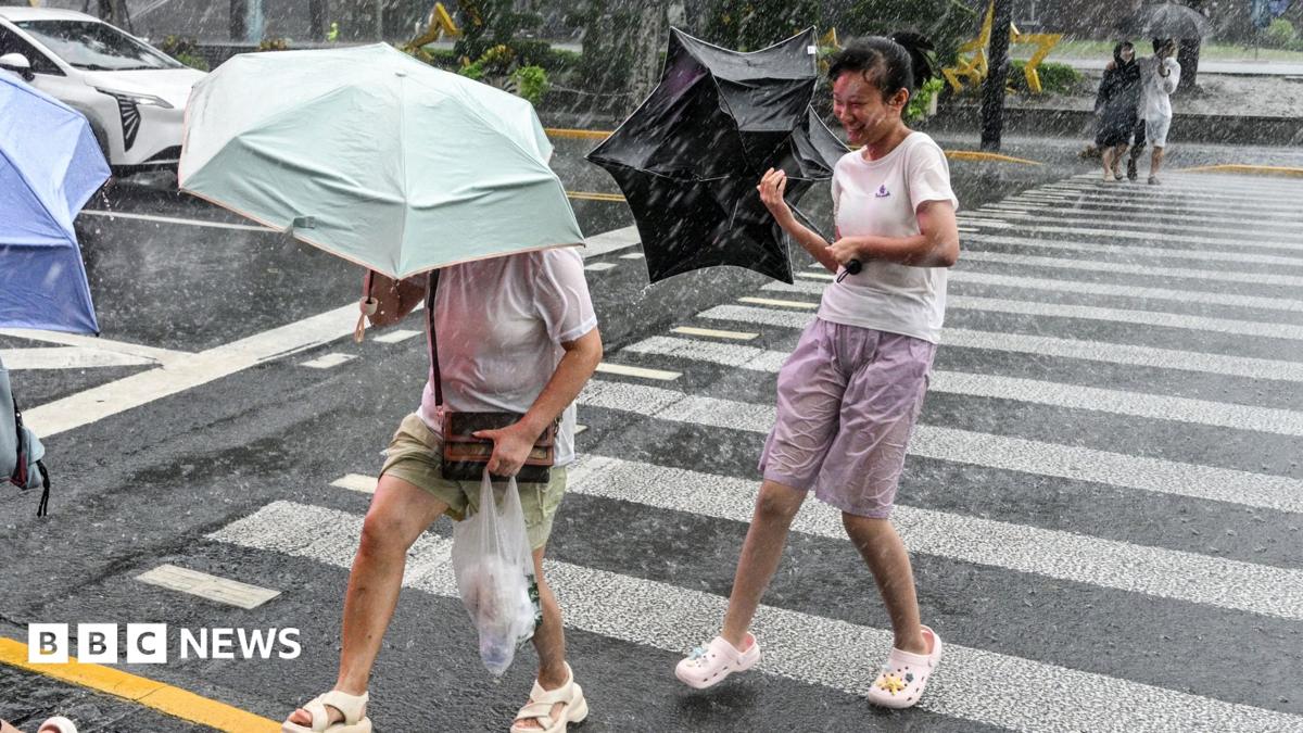 Photo: bbc.co.uk People use umbrellas to shelter from the rain as they walk on The Bund a day after Typhoon Dolphin made landfall in Shanghai