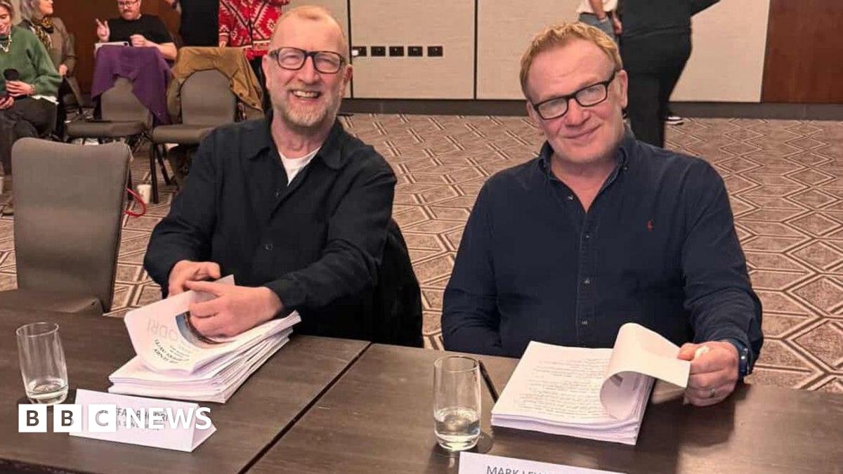 Steffan Rhodri (left) and Mark Lewis Jones doing a read through of the script