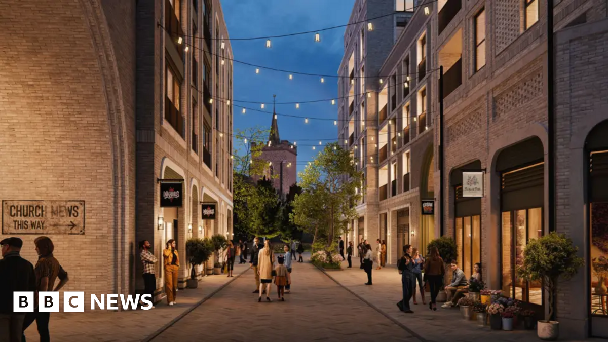 A CGI image of the Queensmere Observatory centre revamp, including flats and shops.