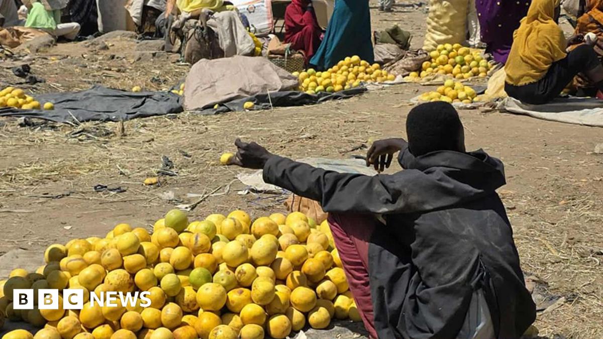 A pile of oranges is in the foreground with a vendor sitting next to it on the dusty ground. He has his back to the cameral. Other piles of oranges can be seen in the background.