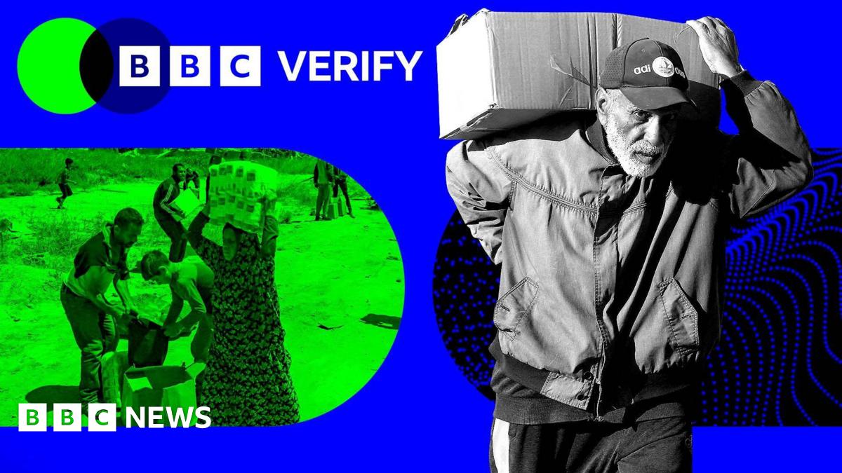 An elderly man carries a box of aid from a distribution centre, while another image shows a family carrying supplies from the site. Both images have been superimposed over the BBC Verify colours and the logo.