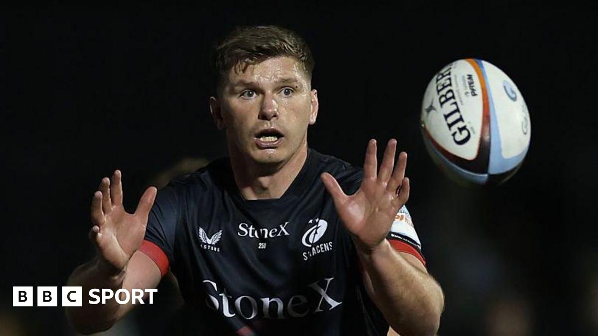 Saracens and Clermont players contesting a high ball in a Champions Cup rugby match