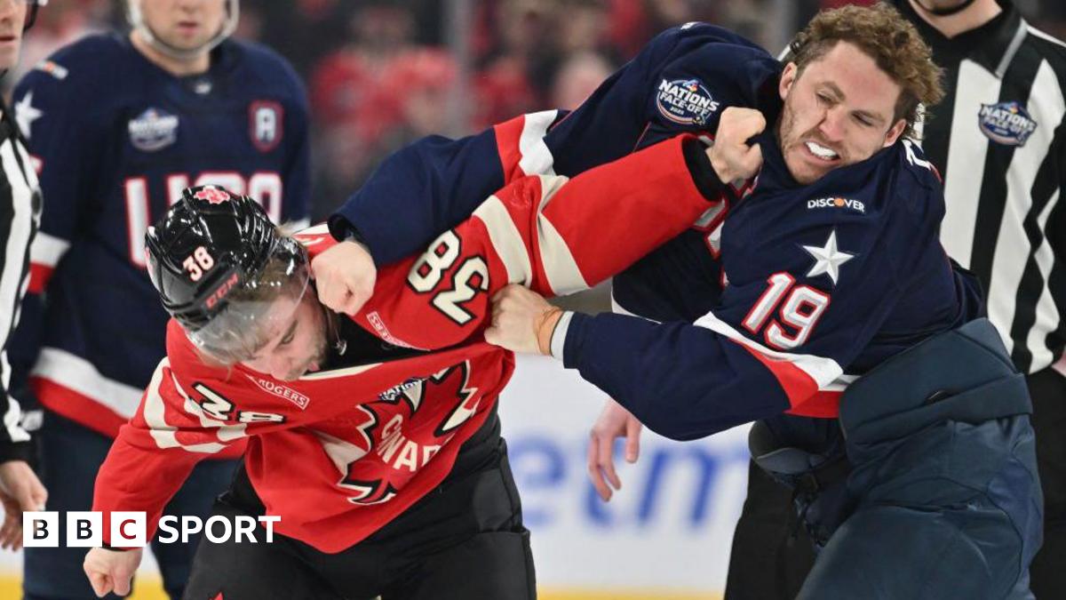 Pertarungan hoki es USA v Canada: Tiga pertarungan dalam sembilan detik pertama sebelum kami terus menang