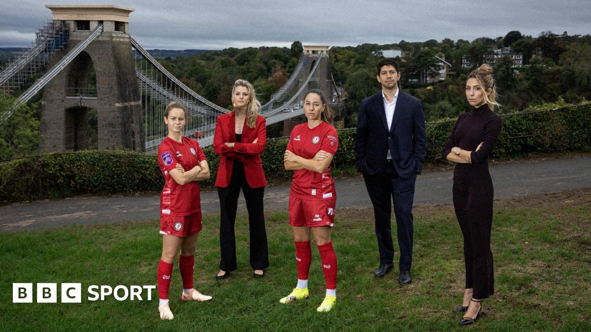 (Left to right) Emily Syme, Bristol City Women, Hannah Haynes, Mercury13 chief strategy officer, Vicky Losada, Bristol City Women captain, Mario Malave and Victoire Cogevina Reynal, Mercury13Founder's and co-CEOs all standing in front of the Clifton Su...