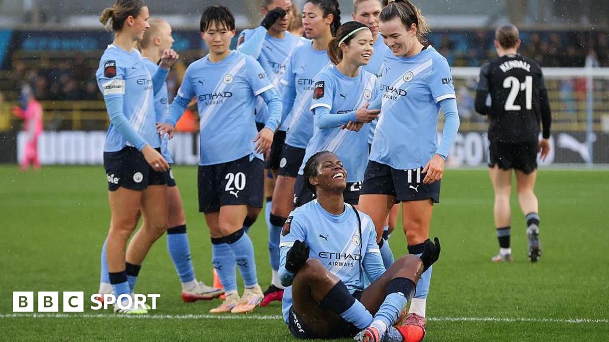 Khadija Shaw celebrates scoring for Manchester City against Aston Villa in the WSL