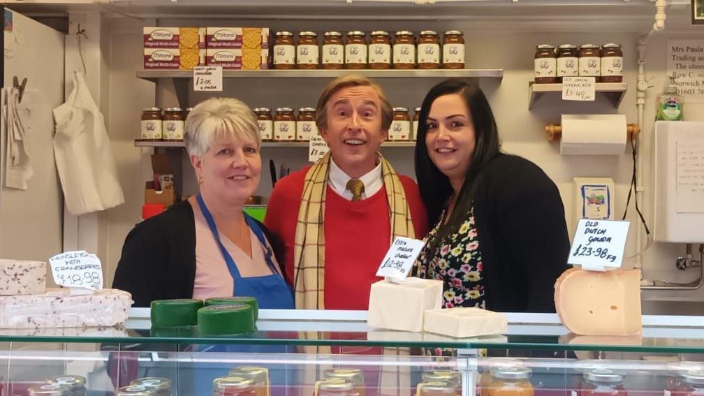 Steve Coogan with Paula Taylor (r) and Zoe Brown (r)