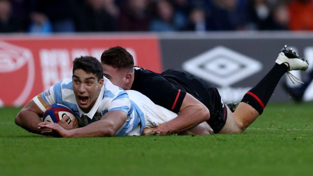 Santiago Carreras scores for Argentina against England
