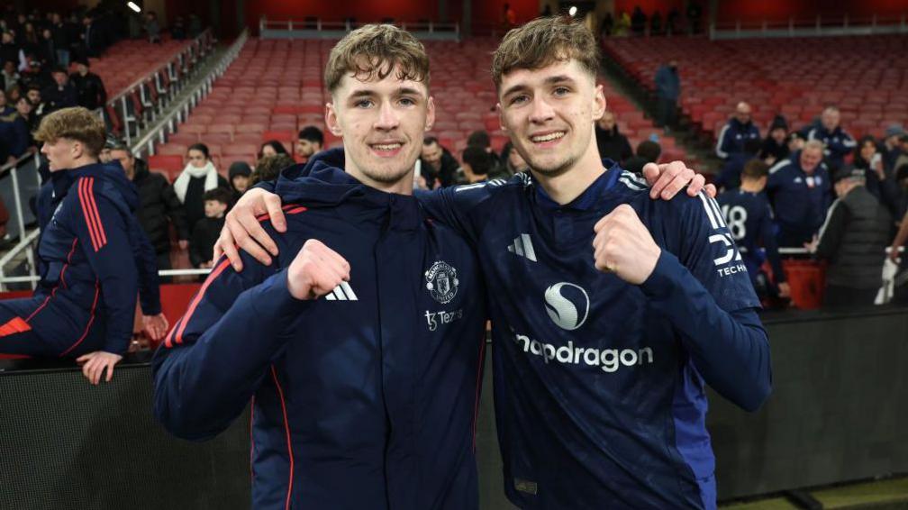 Tyler and Jack Fletcher pose after Manchester United Under-18s FA Youth Cup win over Arsenal last season