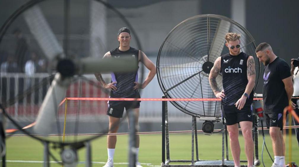 England survey the pitch - and the hardware - before their third Test in Pakistan