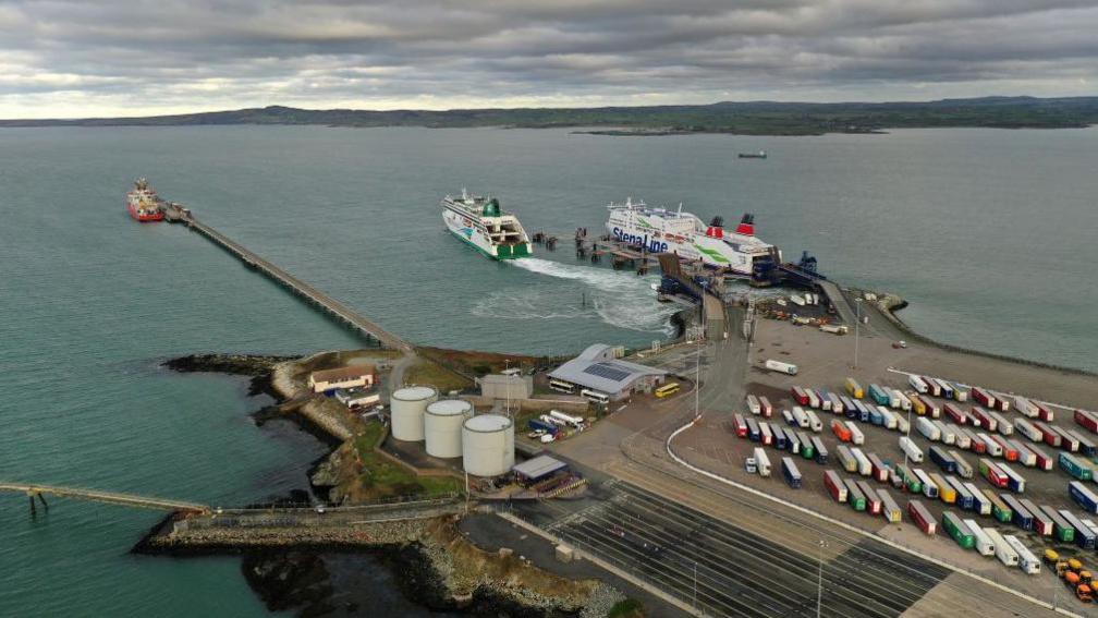 A general view of Holyhead port with one car ferry leaving its berth and another at its berth