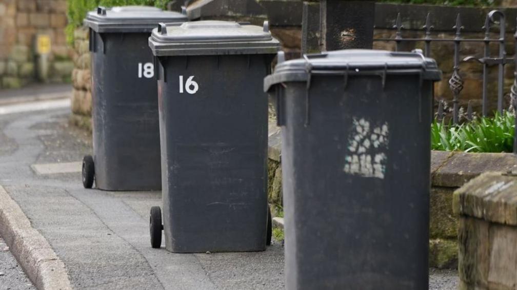 Three dark grey wheelie bins awaiting collection on a pavement