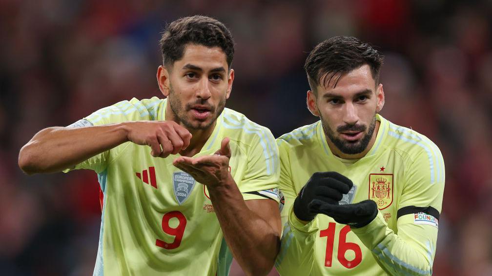 Ayoze Perez celebrates scoring for Spain against Denmark