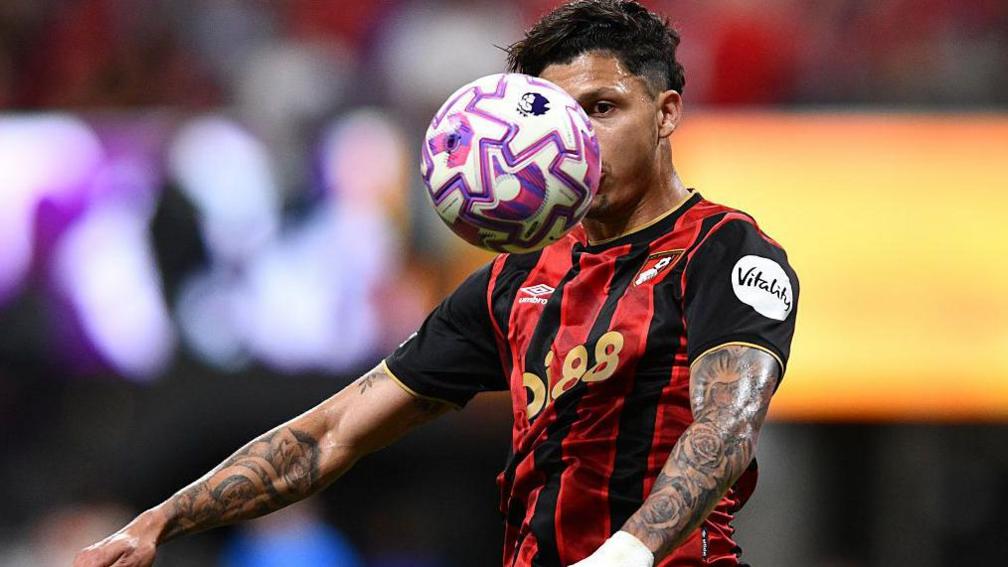 Bournemouth's Evanilson controls the ball under pressure against Everton during the Summer Series.