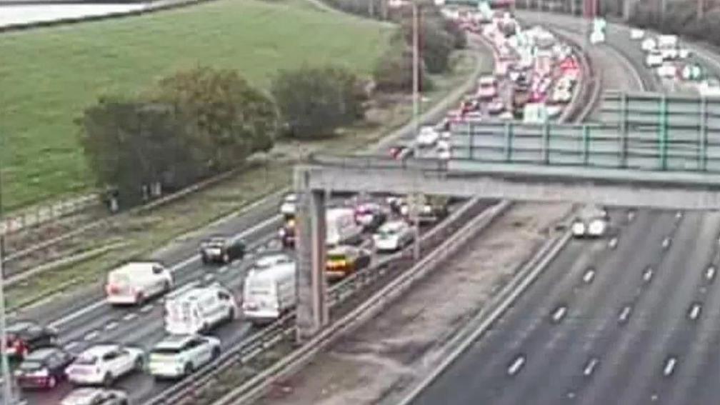 Gridlocked traffic on the M60 near Brinnington in Greater Manchester.