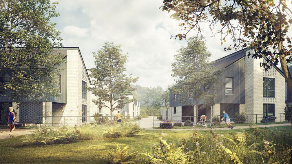 Artist's impression of 74 homes on Packsaddle Way in Frome with people walking and riding a bike. 