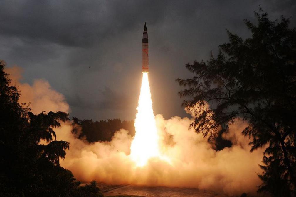 India today successfully test fired for the second time it's long range nuclear capable Agni-5 missile that has a range of over 5000 kilometres. India now joins the select club of nations like United States, UK, Russia, France and China that have the capability to operate a missiles across continents, striking at will in Europe, Asia and Africa. The missile can carry a 1000 kg nuclear warhead and has three rocket motors and was launched from Wheeler Island in India. (Photo by Pallava Bagla/Corbis via Getty Images)
