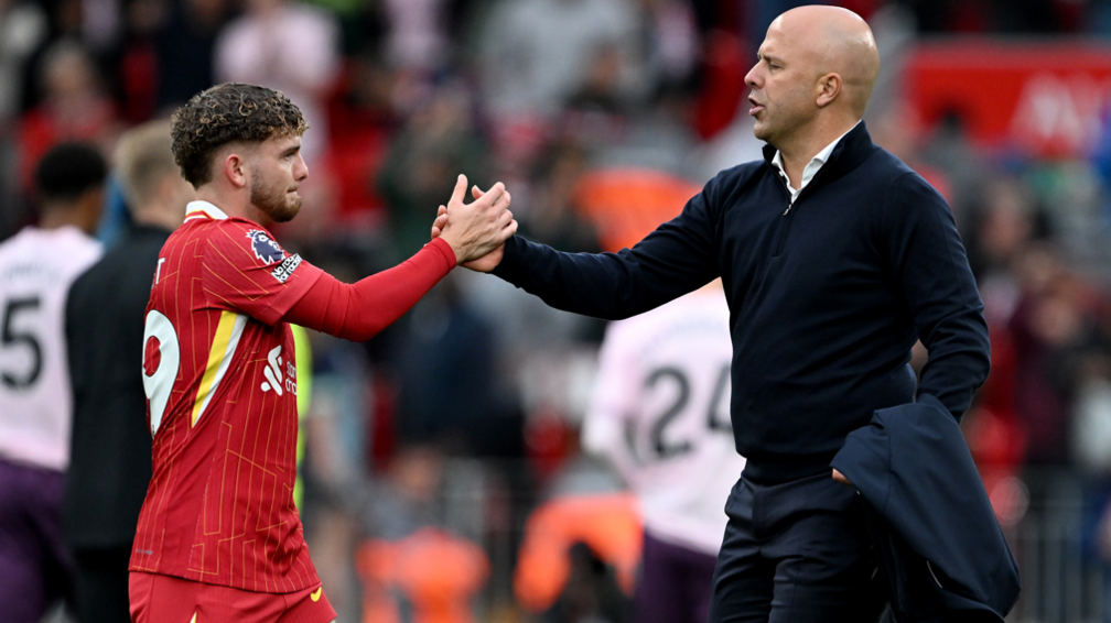 Arne Slot with substitute Harvey Elliott at the end of his first Premier League home game as Liverpool boss