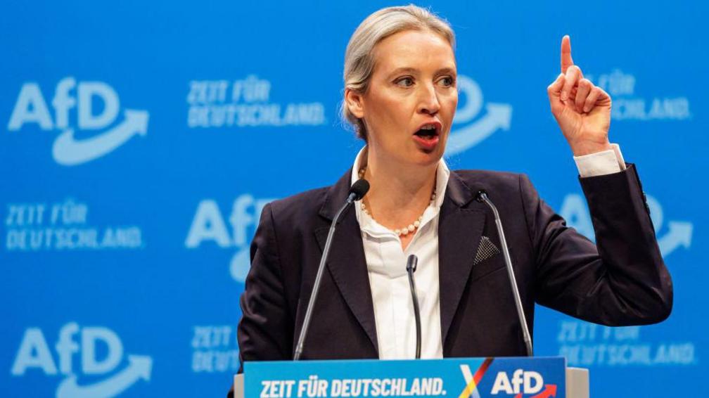 Alice Weidel wearing a grey jacket against a blue background addresses delegates during a party congress on January 11, 2025 in Riesa, eastern Germany.