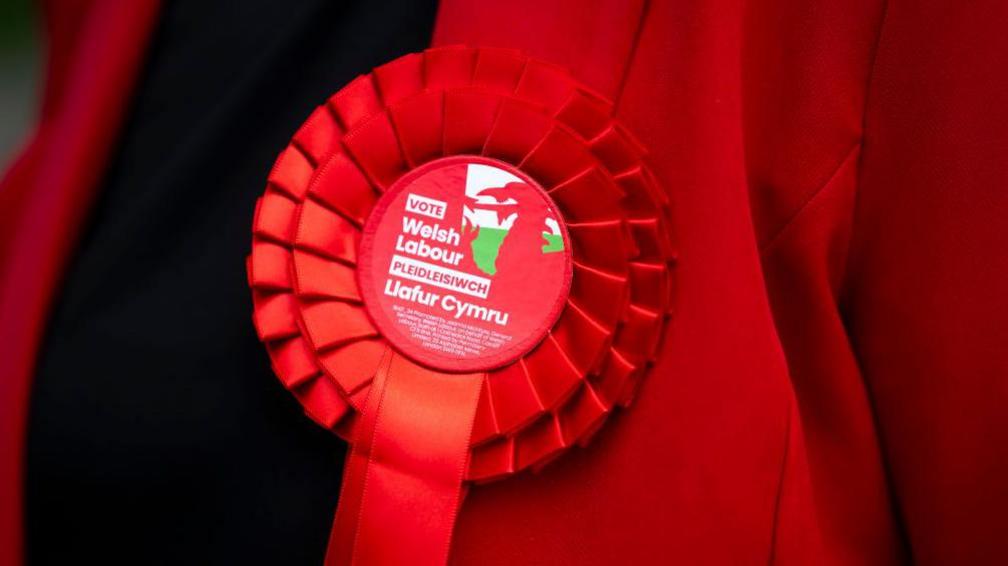 A close-up of a red Welsh Labour rosette worn by a supporter wearing a red jacket. The rosette says vote Welsh Labour in English and Welsh.