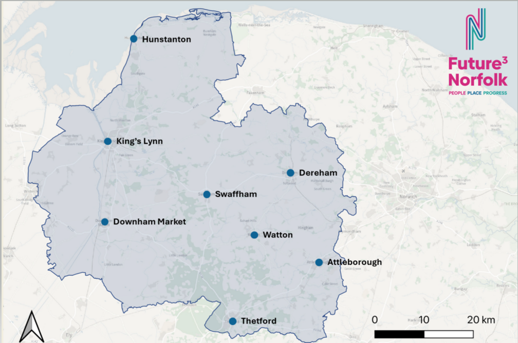 Map of Norfolk with the new West Norfolk authority shaded in. It takes in the existing boundaries of Kings Lynn and West Norfolk council, most of Breckland and some of South Norfolk councils.