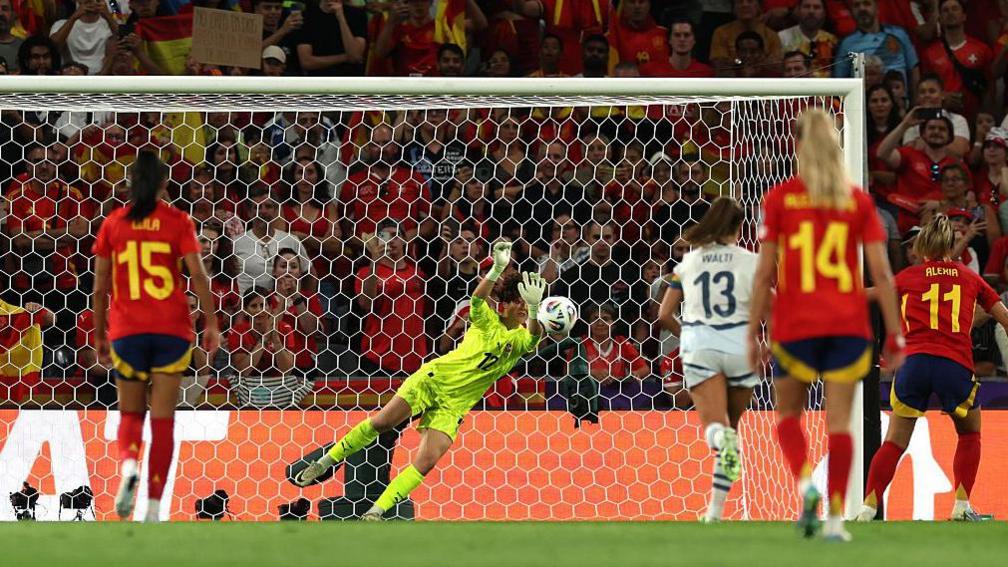 Swiss goalkeeper Livia Peng dives to her left to save Alexia Putellas' second-half penalty