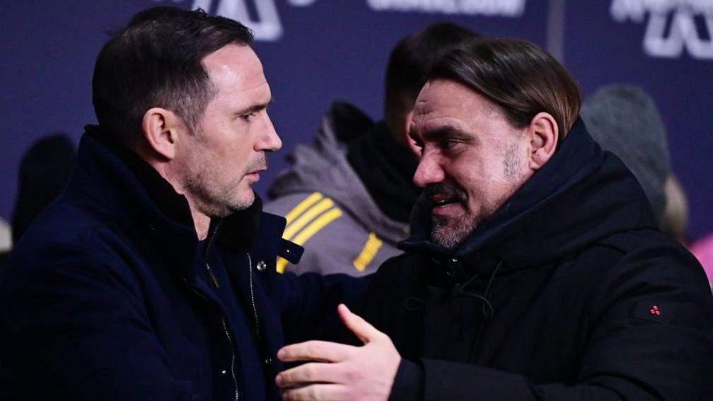 Frank Lampard is greeted by Leeds boss Daniel Farke