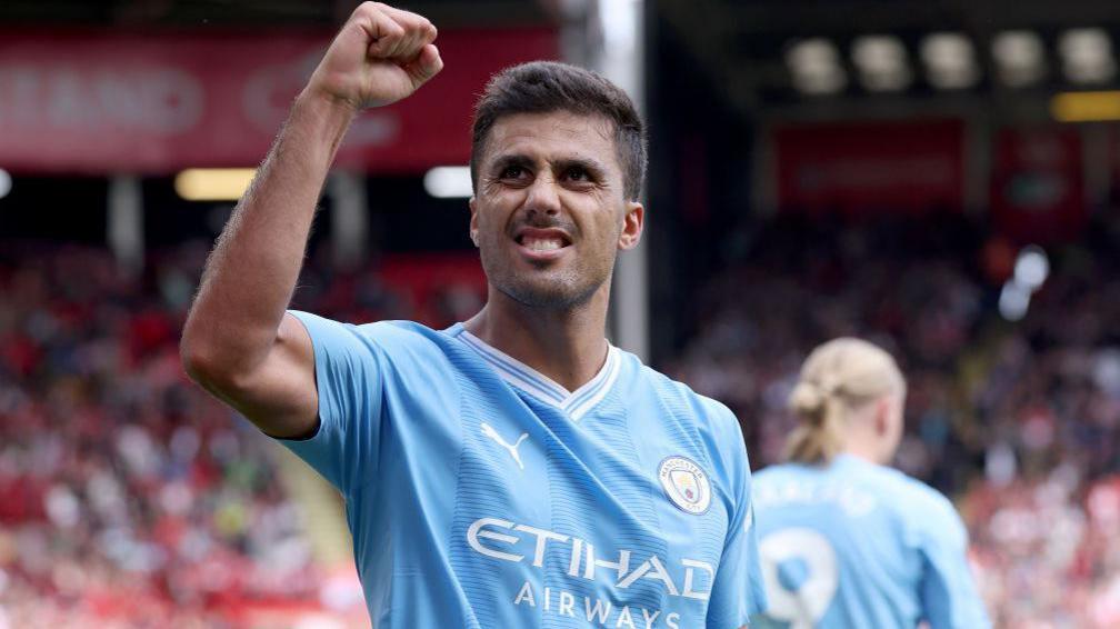 Rodri celebrates scoring for Manchester City