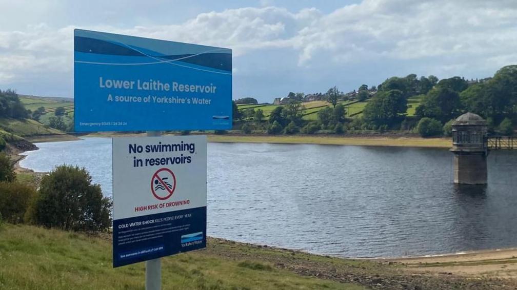 A blue sign reads: Lower Laithe Reservoir. Below it a white sign reads: No swimming in reservoirs. Behind the signs is a low-level reservoir.