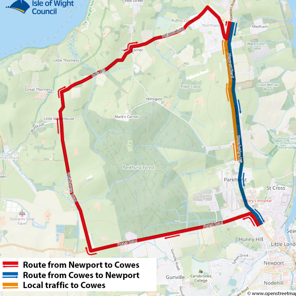 The map shows three lines, red, blue and yellow. The blue line shows traffic can drive southbound on Cowes Road. The red line shows the diversion along Forest Road, Whitehouse Road, Rolls Hill and Pallance Road for northbound traffic. The yellow line shows a local traffic route to Cowes for those who live north of the development site.