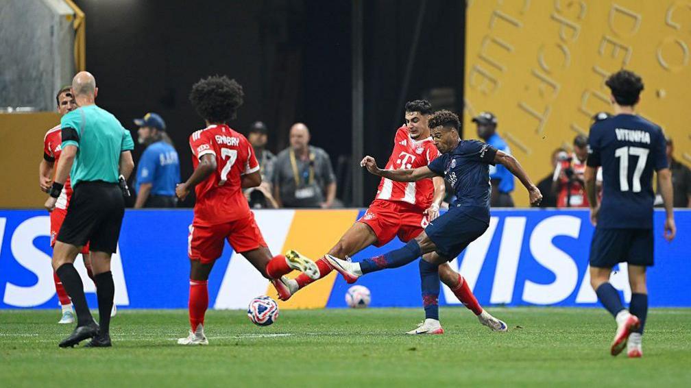 Desire Doue scores for Paris St-Germain against Bayern Munich at the Club World Cup