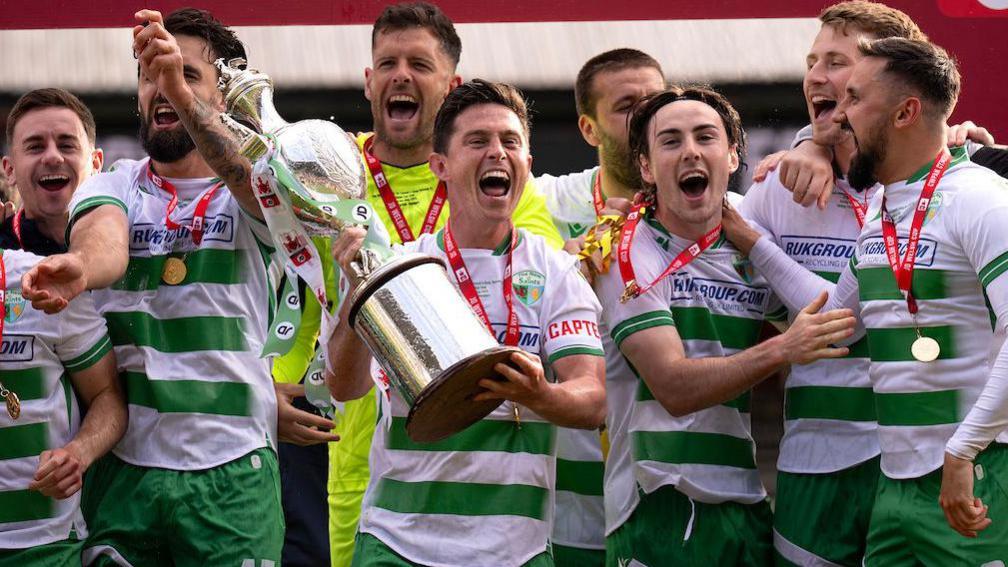New Saints players celebrate winning the 2025 JD Welsh Cup